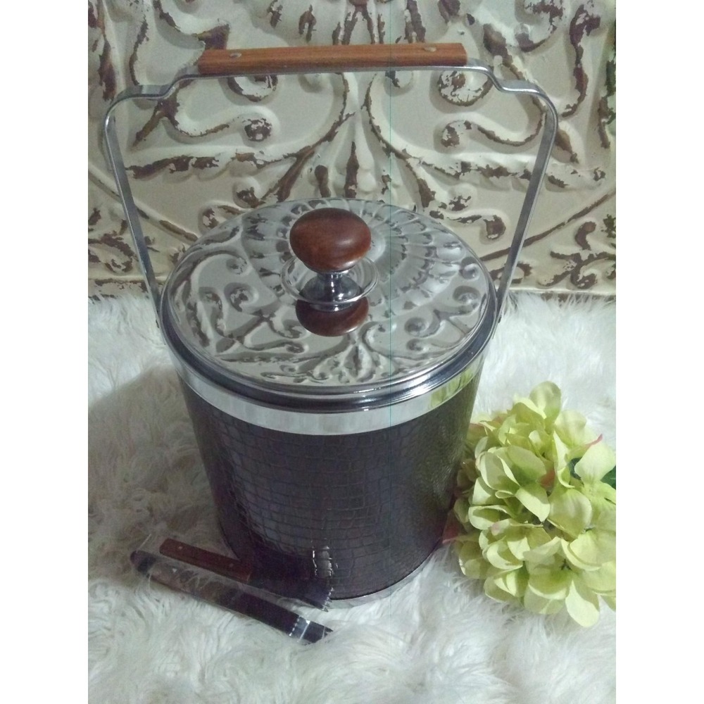 Vintage mcm Kromex chrome and black faux crocodile leather ice bucket